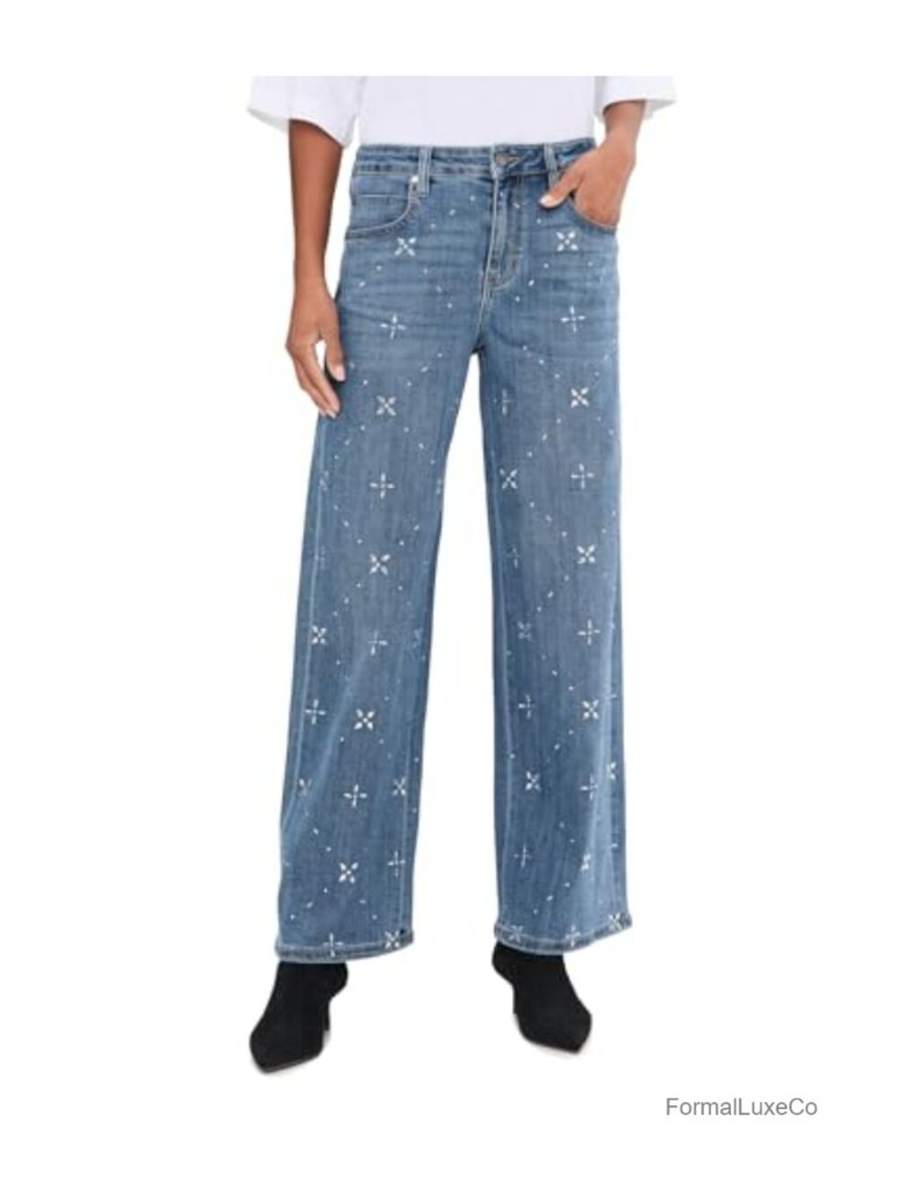 Mid Rise Wide Leg Jeans with Crystal Accents 30" Inseam Regular Fit